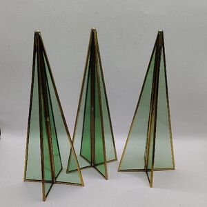 Vintage Green Glass And Brass Pyramid Tree Decor Set Of 3. 8" Tall
